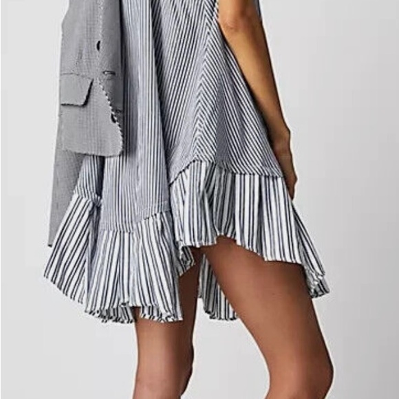 Free People Be Real Mini Dress Medium Striped Blue/White Ruffle 100% Cotton - Picture 14 of 14